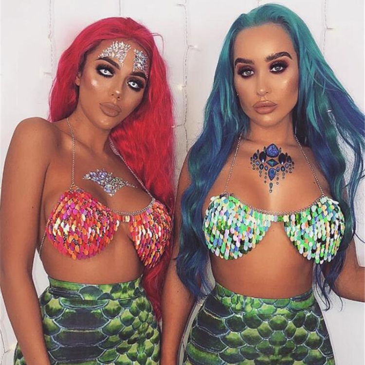 W-S460A Women Sequin Crop Top Low Cut Halter Bikini Chain Bra Top Nightclub Shiny Body Jewelry