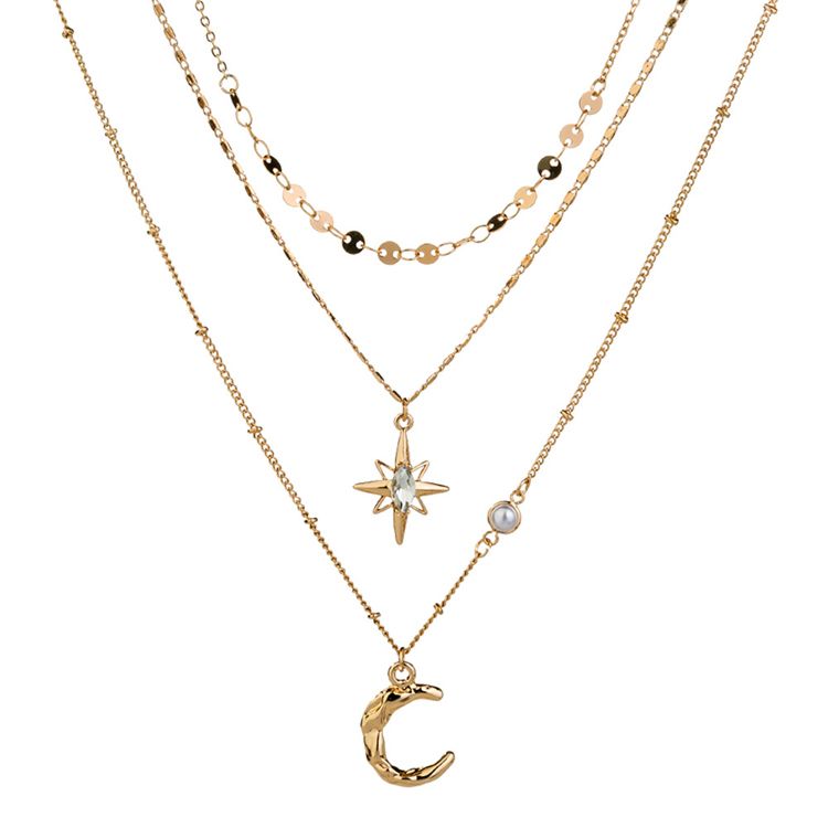 Woman Triple Moon Crescent Choker Gold Color Simple 3 Layered Bohemian Multi-Layer Moon Star Pendant Necklace