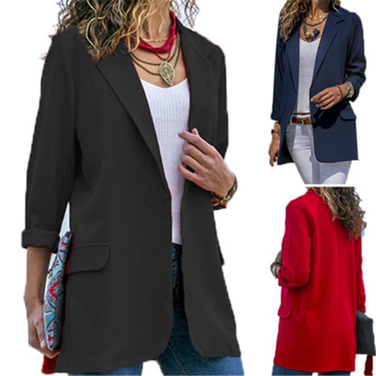 Women Autumn Long Sleeve Open Front Blazer Solid Color Suit with Side Pockets Office Lady Business Blazers Wm229
