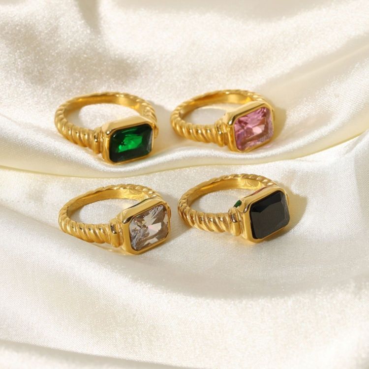 Women Jewelry Multicolor Chunky Twisted Croissant Statement Emerald Ring Colorful Rectangle Crystal Cz Diamond Ring