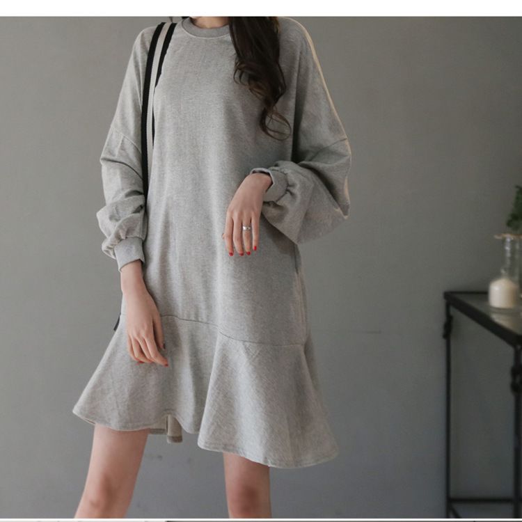 Women Solid Color Long Sleeve Crewneck Fleece Pullover Sweatshirt Dress with Ruffle