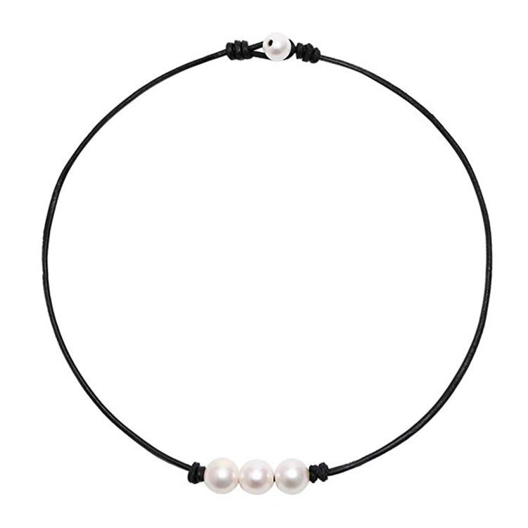 Women White 3 Cultured Freshwater Pearls Choker Necklace on Genuine Leather Cord Knotted Jewelry