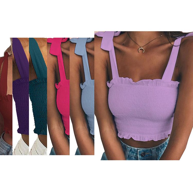 Women's Frill Smocked Crop Tank Top Bow Tie Strap Shoulder Bandeau Stretch Tube Top