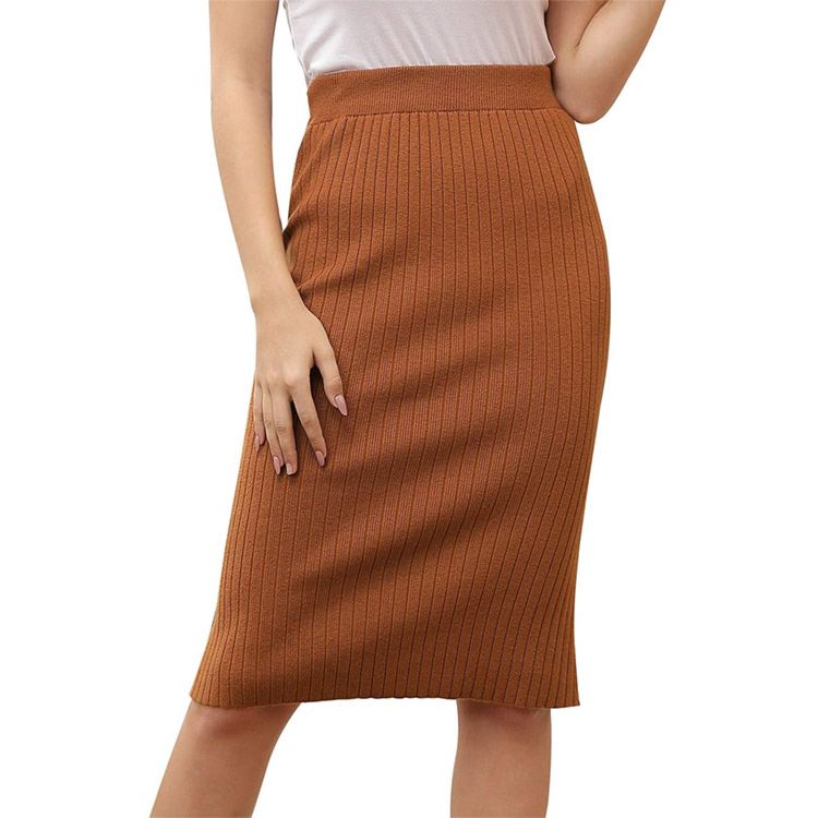 Women's Ribbed Knit Stretch High Waist Bag Hip Pencil Skirt Leopard Print Split One-Step Skirt