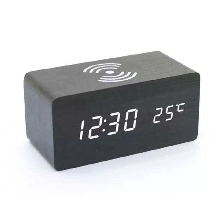 Wooden Digital Led Alarm Clock with Wireless Phone Charging Table Clock Promotional Gift Logo Design Desktop Clock