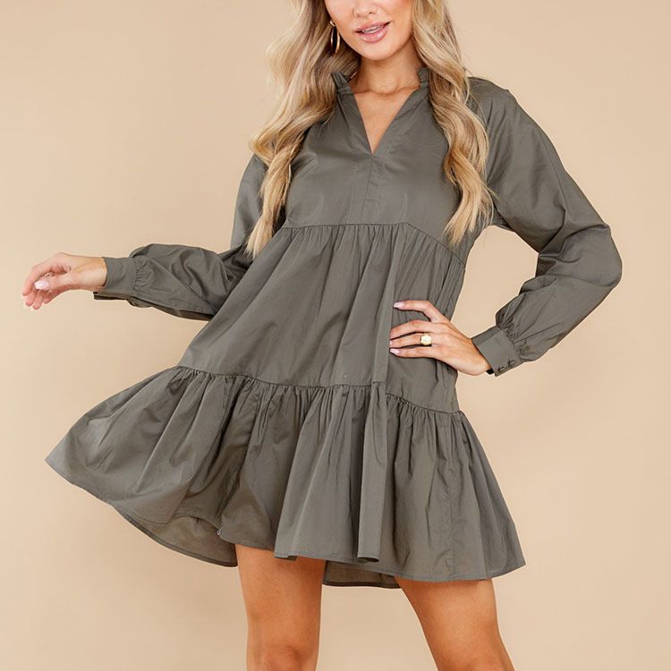 100 Cotton Fitted Twill Solid Color V Neck Dresses Dark Olive Green Long Sleeve Gathered 2 Tier Skirt Dress
