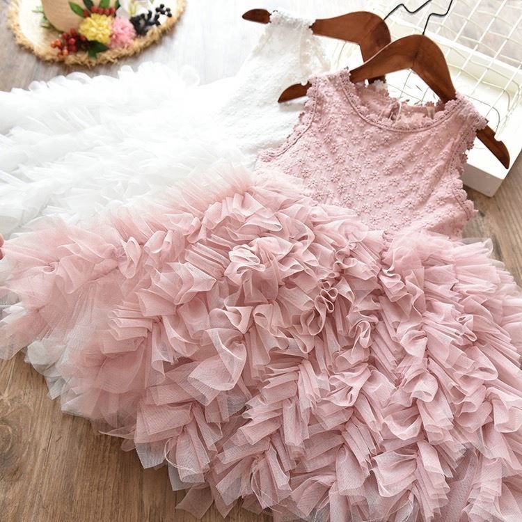 Baby Girls Birthday Party Sleeveless Pink Ruffled Princess Mesh Tutu Kids Casual Dress