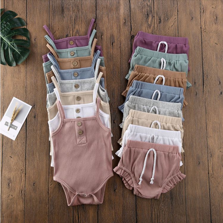 Baby Ribbed Set Sleeveless Vest Rompers + Shorts 2Pcs Outfit Solid Color