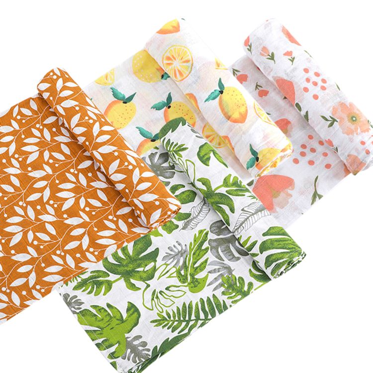 Customize Organic Cotton Fruit Printed Muslin Baby Wrap Swaddle Blanket