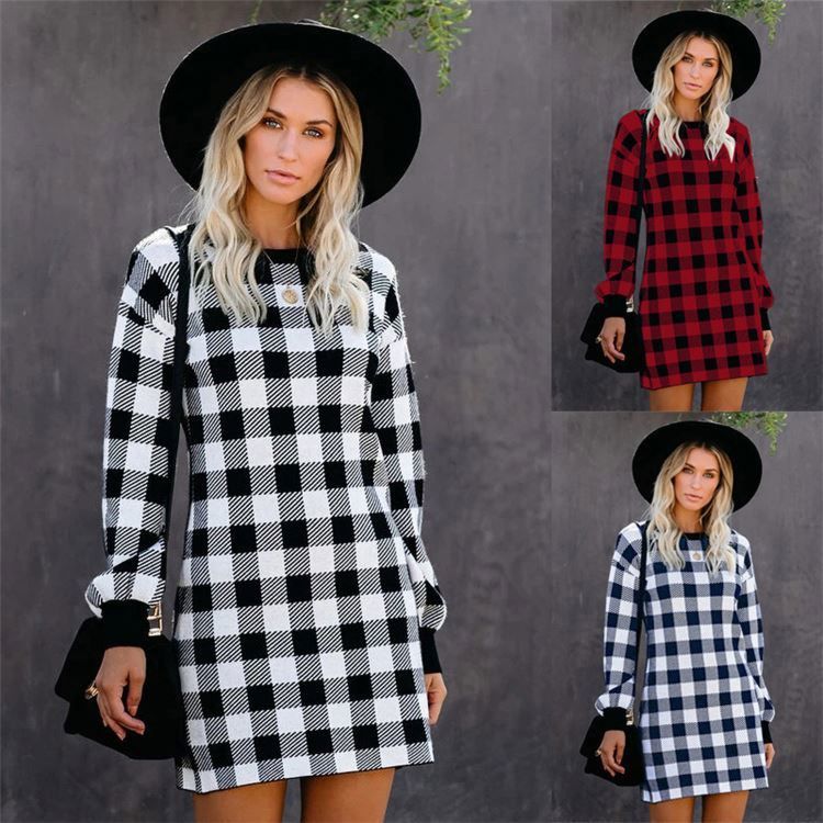 Forladies round Neck Long Sleeve Slim Plaid Printed Girl Dresses Elegant Casual Dress Women