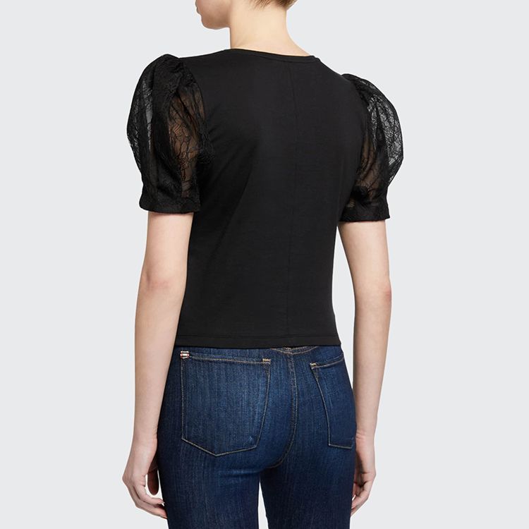 Ladies Black Crew Neckline Slim Fit Darted Puff-Sleeve Top