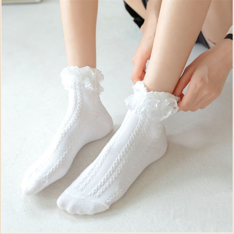 Lolita White Beige Girl Lace Ruffle Socks Frilly Cotton Ankle Socks