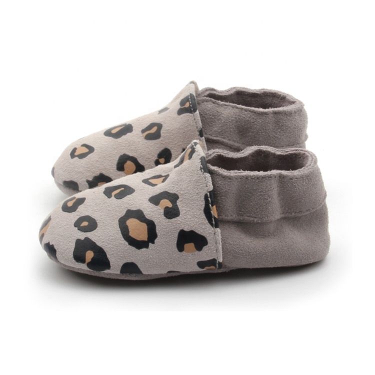 Manufacture Baby Shoes Gray Leopard Genuine Leather Baby Soft Leather Shoes