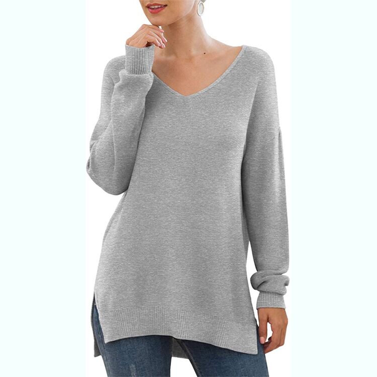 Pattern Sweater Side Split Design Long-Sleeved V-Neck Pullover Ladies Sweater