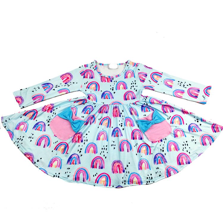 Children Long Sleeved Girls Frocks Kids Rainbow Pattern Style One Piece Dress Baby Girls Casual Autumn Dresses