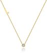 Sideways Initial Letter Pendant Necklace with Crystal Cubic Zirconia, 14+2" Premium Stainless Steel 14K Gold Plated