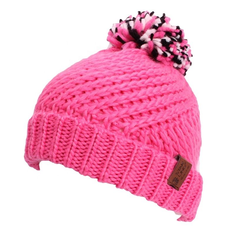 York Hats Women Knitted Acrylic with Ear Warm Lining with Pom Pom Beanies