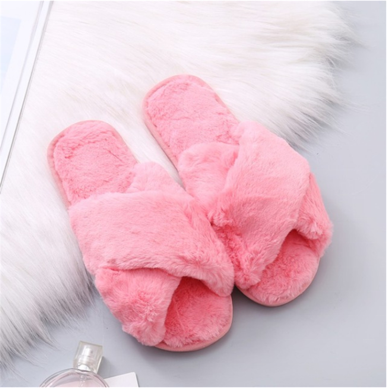 Women House Slippers Warm Faux Fur Ladies Cross Soft Plush Furry Female Open Toe Slides Shoes