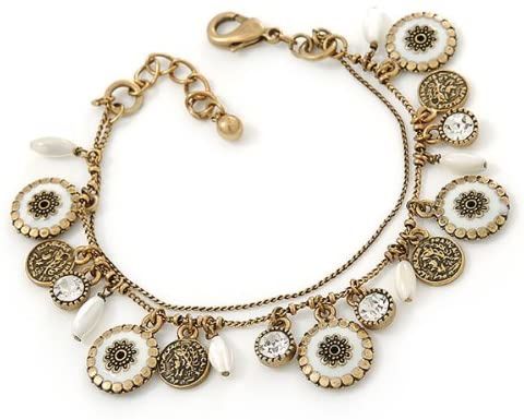 Vintage Inspired Brass Double Chain Charm Bracelet in Antique Gold Metal for Men and Women
