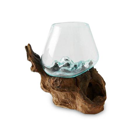 Fused Glass Bowl with Natural Wood from Bali (Single)