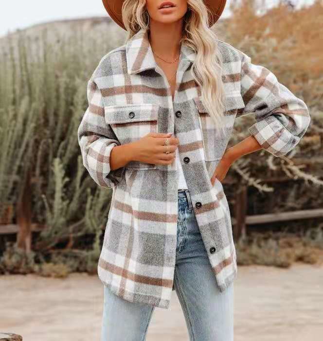 Flannel Plaid Women's Coats Lapel Button Pocket Shirt Jacket Womens Shacket