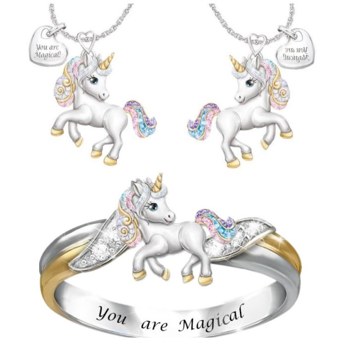 Cute Rainbow Unicorn Jewelry Set Silver Color Children's Necklace Ring Jewelry Sets Cartoon Animal Jewelry Birthday Gifts