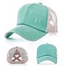 Female Cotton Mesh Sports Baseball Trucker Cap Distressed Washed Denim Cross Ponytail Hat