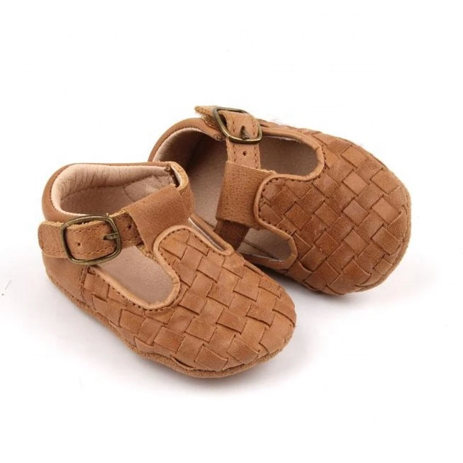 Neutral Gender anti Slip Baby Walker Shoe Faux Buckle Strap Leather Woven T-Bar Baby Shoes