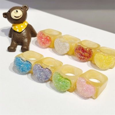 Acrylic Jewelry Colorful Glitter Heart Resin Band Rings Candy Color Love Heart Acrylic Finger Rings