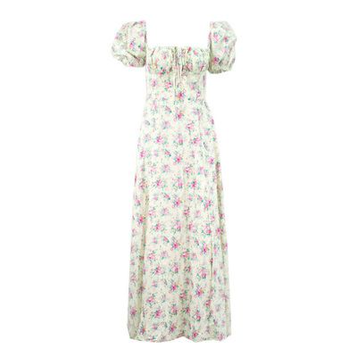 Dress Women Short Puff Sleeve Flroal Printed Ruched Party High Split Long Maxi Dresses Drawstring Vestidos Sundress