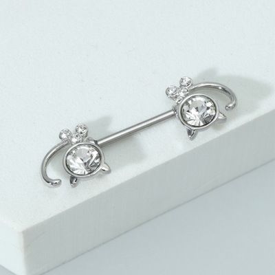Piercing Style Breast Ring Cat Diamond-Studded Breast Nail Medical Stainless Steel Piercing Jewelry Silver