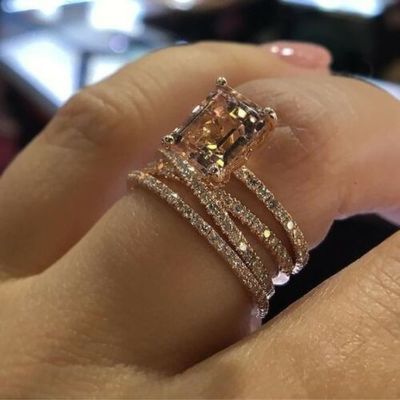 Square Ring with 14K Rose Gold Glitter Champagne Engagement Ring