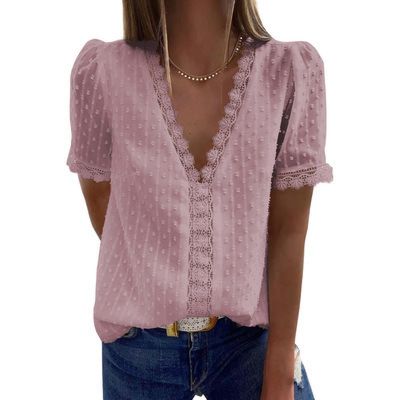 Women Deep V Neck Chiffon Blouse Embroidered Lace Short Sleeve Front and Back Lining Top