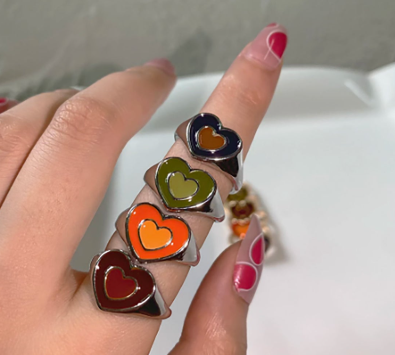 Stainless Steel Double Heart Enamel Rings 18K Gold Plated Love Colorful Double Color Rings for Women Christmas Jewelry
