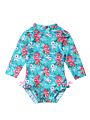 Baby Girls Back Zipper One Piece Swimsuit Kids Rash Guard Long Sleeves Ruffled Swimwear Bathing Suit for Infant 0-24 Months