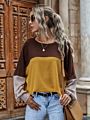 Spring Women Color Blocking Stitching Casual Loose Long Sleeve round Neck Pullover Top