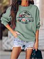 Letter Print Crewneck Sweatshirt Fall Dinosaur Head Graphic Women Hoodies Pullover Clothes