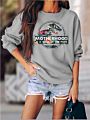 Letter Print Crewneck Sweatshirt Fall Dinosaur Head Graphic Women Hoodies Pullover Clothes