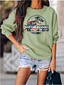 Letter Print Crewneck Sweatshirt Fall Dinosaur Head Graphic Women Hoodies Pullover Clothes