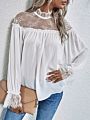 Autumn Spring O-Neck Long Sleeve Ruffle Contrast Lace Elegant Ladies Wear Chiffon Women Blouses