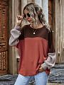 Spring Women Color Blocking Stitching Casual Loose Long Sleeve round Neck Pullover Top