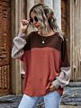 Spring Women Color Blocking Stitching Casual Loose Long Sleeve round Neck Pullover Top