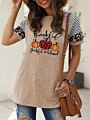 Women's Thankful Grateful and Blessed Leisure Printed Short Sleeve Leopard Print Stitching Casual T-Shirt for Halloween