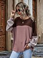 Spring Women Color Blocking Stitching Casual Loose Long Sleeve round Neck Pullover Top