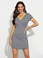 Women's Casual Short Sleeve Tight V-Neck Stripe Dress