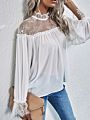 Autumn Spring O-Neck Long Sleeve Ruffle Contrast Lace Elegant Ladies Wear Chiffon Women Blouses