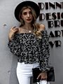 Off Shoulder Ditsy Floral Shirred Back Bardot Peplum Women Blouses and Tops Lady
