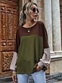 Spring Women Color Blocking Stitching Casual Loose Long Sleeve round Neck Pullover Top