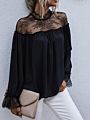 Autumn Spring O-Neck Long Sleeve Ruffle Contrast Lace Elegant Ladies Wear Chiffon Women Blouses