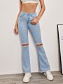 Style Women Vintage Wide Leg Boot Cut Slim Ripped Jeans High Waist Denim Flared Stretchy Pants